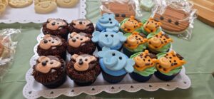 Animal-themed cupcakes on display