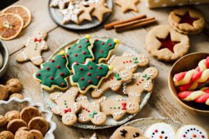Variety of Christmas cookies with colorful designs