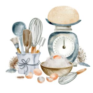 Vintage kitchen tools and scale with eggs and flour.