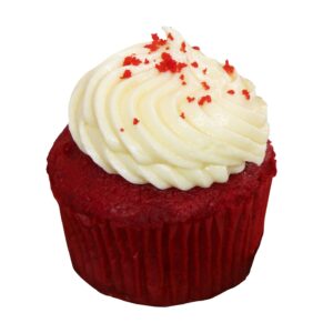 A red velvet cupcake with white frosting and red sprinkles.