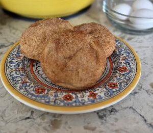 Two cinnamon sugar-covered pastries on a decorative plate.